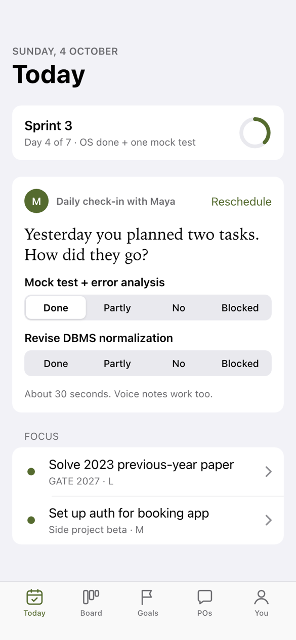 The Today screen: sprint progress, the daily check-in with Maya, and today's focus.
